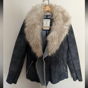 GUESS Women's Gray Teddy Jacket with Faux Fur Collar